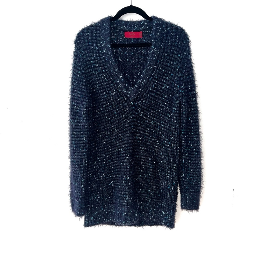 Tigerlily Blue Teal V Neck Knit Sweater Dress Wool Alpaca Mohair Medium